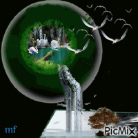 la cascade avec des poisssons et cignes animovaný GIF