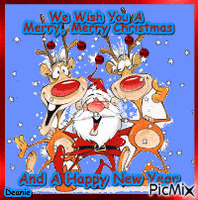 Dancing Santa & Reindeer saying We Wish You A Merry Christmas and a Happy Newy Year - Free animated GIF