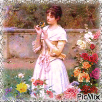Woman in the rose garden GIF animé