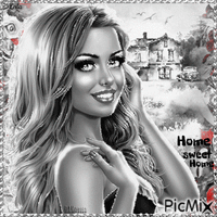 Home sweet Home. Woman. Black and white. Animiertes GIF