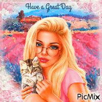 Have a Great Day. Girl and her cat - Ingyenes animált GIF