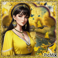 Brunette en jaune avec des fleurs jaunes
