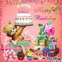 Happy Birthday. Cat, cakes, flowers