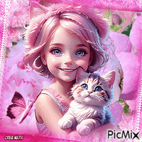 FILLETTE ET CHATON Animated GIF