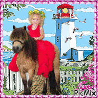 Little girl with her pony at the lighthouse