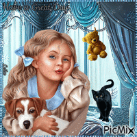 Have a Great Day. Girl, dog, cat, bedroom