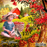 Good Afternoon Little Girl, Kitten and Apples - GIF animé gratuit
