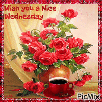 Wish you a Nice Wednesday. Coffee and flowers - Free animated GIF