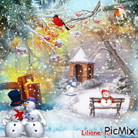 Bonhommes de neige et oiseaux - GIF animado gratis