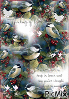 blue anbd white birds perched on tree limbs, and red berries, a guote thinking of you, on white bacground. and little white birds fluttering. animasyonlu GIF