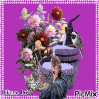 Fontaine fleurie avec oiseau chat et femme animuotas GIF