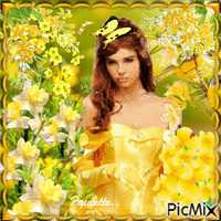 la belle et ses fleurs jaune