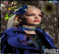 Portrait Woman Colors Deco Butterflies Flowers Glitter Blue Black Fashion animovaný GIF
