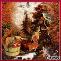 Automne, pommes, oiseaux, souris et écureuils. - Free animated GIF