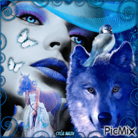 femme et loup bleu animált GIF