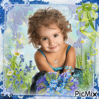 Petite Fille et Fleurs Bleues