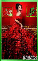 Retrato de mujer elegante en rojo y verde.