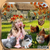 fillette et ses chats - Free animated GIF