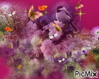 A BIRD ON A BRANCH, LOTS OF DIFFERENT SHADES OF PURPLE FLOWERS, GOLD SPARKLES AND ORANGE COLOR BUTTERFLIES FLUTTERING AROUND. анимированный гифка