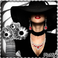 Femme avec un chapeau noir et rouge à lèvres rouge animált GIF
