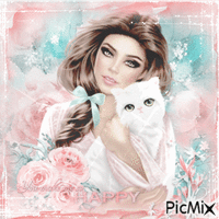 Girl, white cat and rose - Δωρεάν κινούμενο GIF