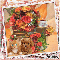 CONTEST-Autumn bouquet, coffee and two animals - Free animated GIF