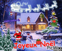 Nuit,Une maison - Ciel,traineau - Père Noël - Joyeux Noël.