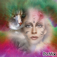 Woman & cat geanimeerde GIF