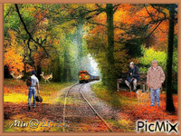 Landskap med tåg och folk анимиран GIF