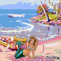 Mermaid near boat анимированный гифка