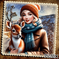 La jeune fille et son faon en hiver Animated GIF