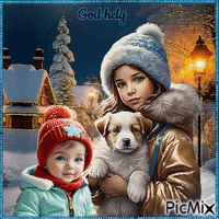 Happy Weekend. Winter. Girl, boy, dog - Ingyenes animált GIF