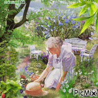 Mamie au jardin par BBM GIF animé