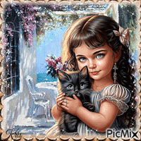 Petite fille avec son animal de compagnie - Ingyenes animált GIF
