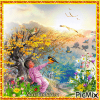 Retrato de uma menina com flores e pássaros - Безплатен анимиран GIF