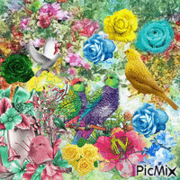 Birds and roses animuotas GIF