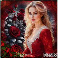 Chica rubia vestida de rojo con rosas rojas