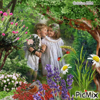 Deux enfants au  jardin par BBM animoitu GIF