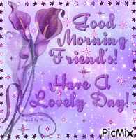 GOOD MORNING FRIENDS AND HAVE A LOVELY DAT. PURPLE FLOWERS AND PURPLE STARS. A PURPLE STAR FRAME. - GIF animado grátis