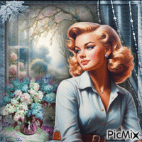 Signora con fiori davanti a una finestra-Concorso - Бесплатни анимирани ГИФ