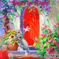 Tom and Jerry wish you a Happy 1st of May анимированный гифка
