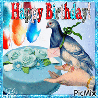 Carte de félicitations avec gâteau et pigeons voyageurs animovaný GIF