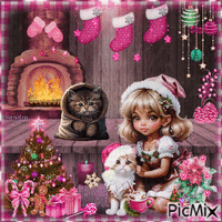 Christmas Girl And Her Cats - GIF animé gratuit
