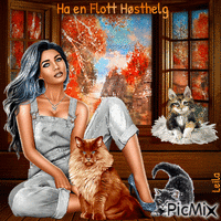 Have a Nice Autumn Weekend. Woman, window, cats animuotas GIF