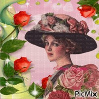 Femme vintage avec un chapeau fleuri.