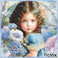 Little girl with flowers - GIF animé gratuit