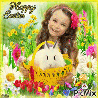 Happy Easter. Girl and rabbit. - GIF animé gratuit