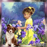 Petite fille à la campagne avec son chien.