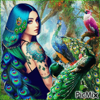 Peacock and woman 5 - GIF animé gratuit