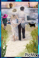 Promenade en famille au bord de la mer. анимиран GIF